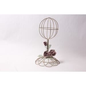 Vintage Metal Twisted Wire Hat Wig Bonnet Stand with Pink Roses ~ 260302-WH B-2